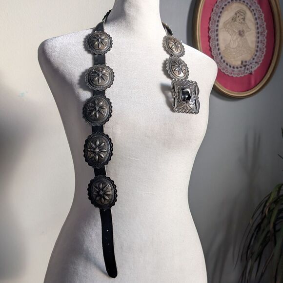 Antique Coin Ingot Silver Concho Belt Second Phase Navajo Handmade Leather - Picture 2 of 10